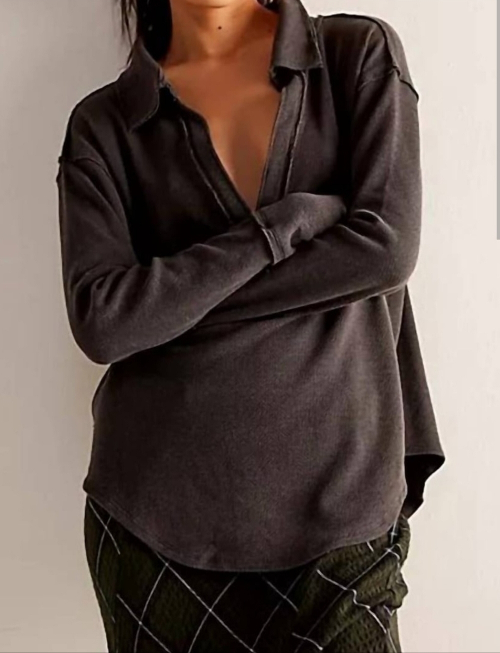 Free People Anakin Thermal Collared Top Long-sleeve Charcoal Gray V-neck sz Med